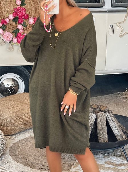 

Casual Plain Wool/Knitting Regular Fit V Neck Casual Dresses, Green, Mini Dresses