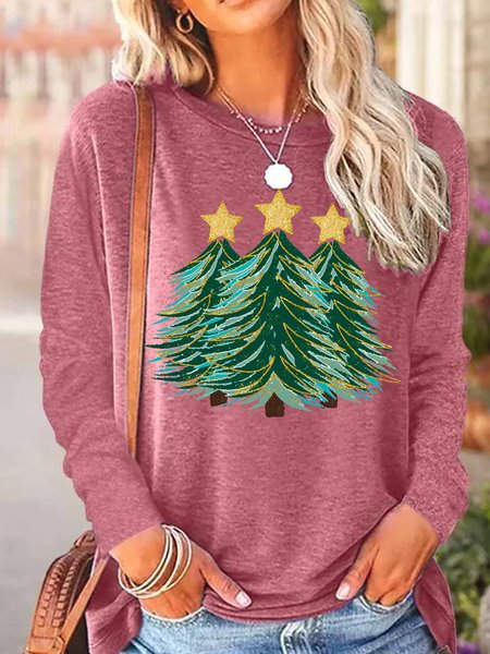 

Women's Christmas Tree Casual Regular Fit Cotton-Blend Top, Red, Long sleeves