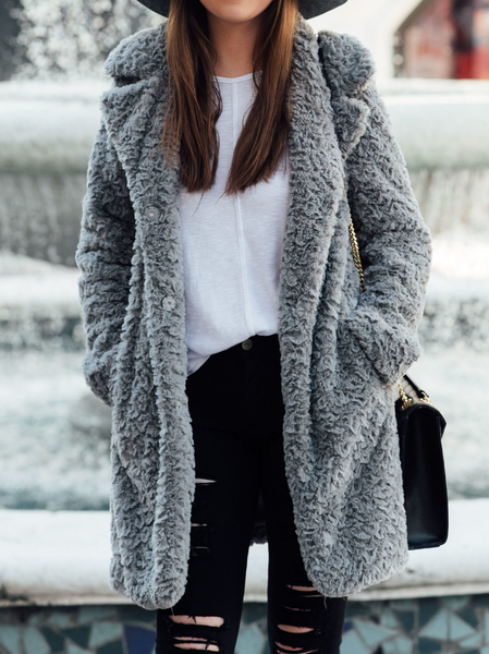 

Shawl Collar Loose Casual Teddy Jacket, Gray, Outerwear