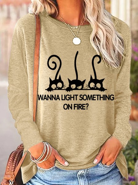 

Lilicloth X Yuna Wanna Light Something On Fire Cat Women's Long Sleeve T-Shirt, Khaki, Long sleeves