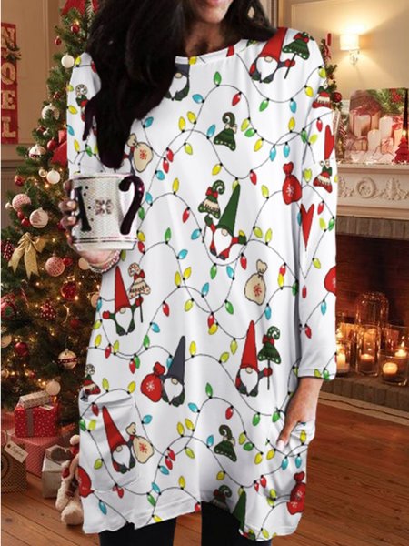

Women Christmas Ground Wonderful Lights Crew Neck Dress, White, Dresses