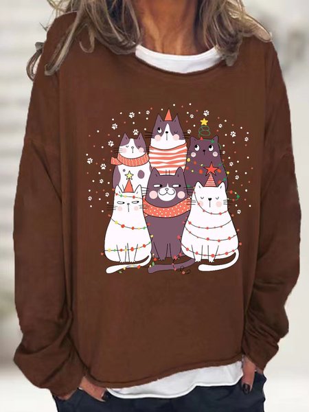 

Women's Christmas Cat Crew Neck Cotton-Blend Loose Sweatshirts, Brown, Hoodies&Sweatshirts