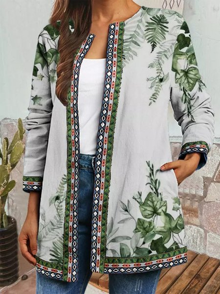 

Casual Vintage Floral Print Long Sleeve Jacket, Green, Cardigans