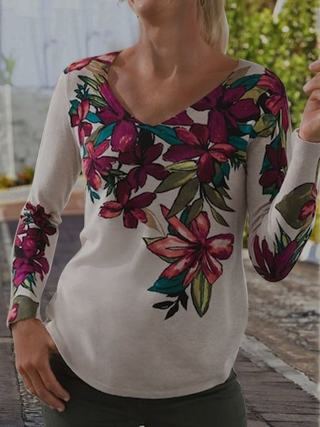 

Flower print Pullover V-neck T-shirt plus size, Multicolor, Tops