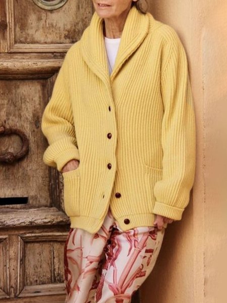 

Daily Long sleeve Elegant Plain Sweater Coat, Yellow, Cardigans
