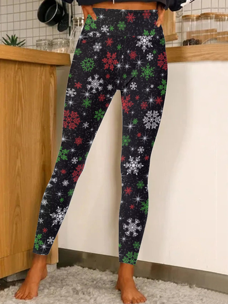 

Women Christmas Snowflake Leggings, Black, Leggings