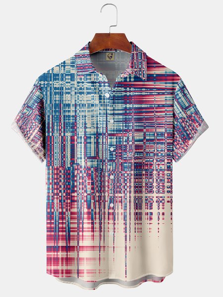 

Geometric Lines Chest Pocket Short Sleeve Shirt, Blue, Men Shirts