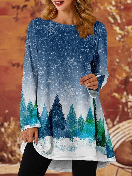 

Women Crew Neck Christmas Tree Casual Skirt Dress, Blue, Long sleeves