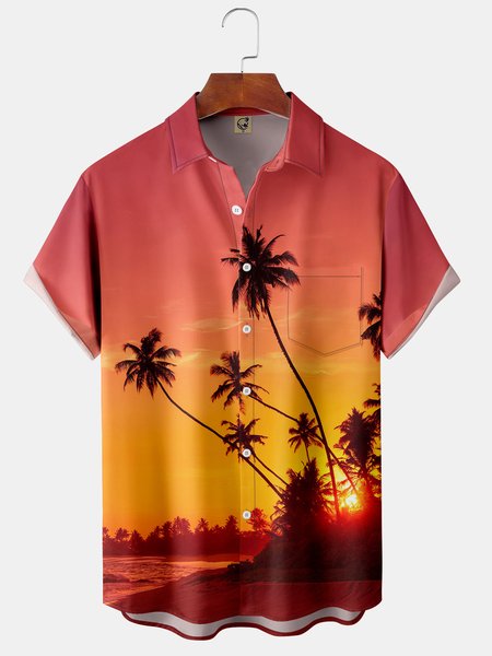 

Coconut Tree Chest Pocket Short Sleeve Hawaiian Shirt, Orange, Men Shirts
