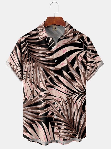 

Palm Leaves Chest Pocket Short Sleeve Hawaiian Shirt, Black, Men Shirts