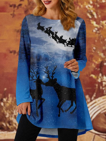 

Women Santa Claus Snowflake Elk Print Casual Christmas Long sleeve Dresses, Blue, Long sleeves