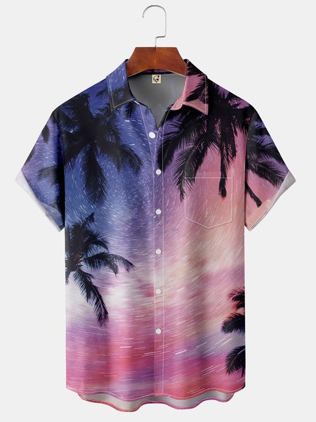 

Starry Sky Coconut Tree Chest Pocket Short Sleeve Hawaiian Shirt, Purple, Men Shirts