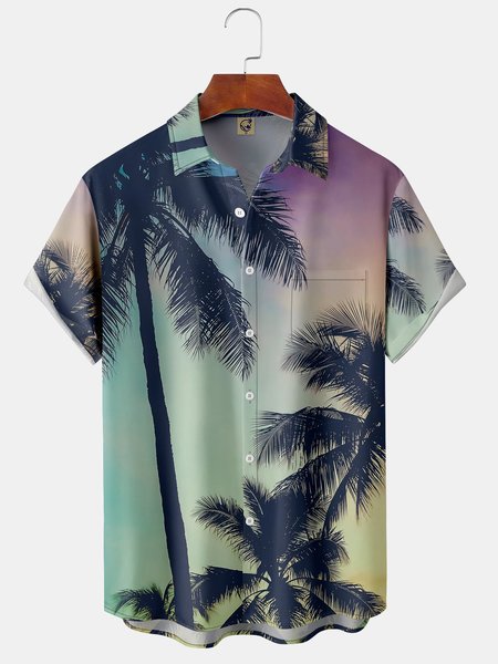 

Coconut Tree Chest Pocket Short Sleeve Hawaiian Shirt, Green, Men Shirts