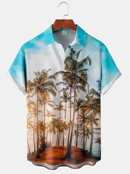 

Coconut Tree Chest Pocket Short Sleeve Hawaiian Shirt, Blue, Men Shirts