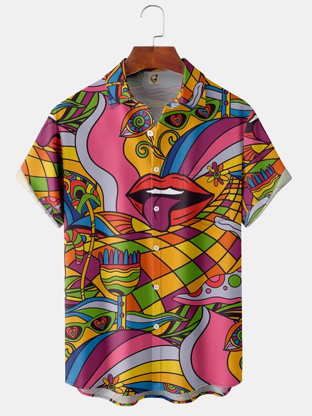 

Hippie Chest Pocket Short Sleeve Hawaiian Shirt, Red, Short Sleeve Shirts