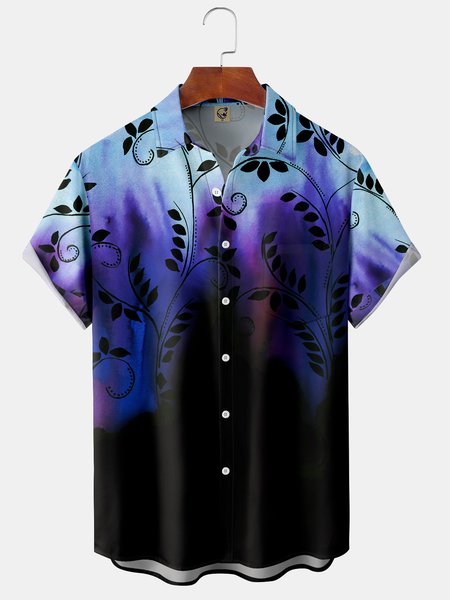 

Gradient Leaf Chest Pocket Short Sleeve Hawaiian Shirt, Blue, Men Shirts