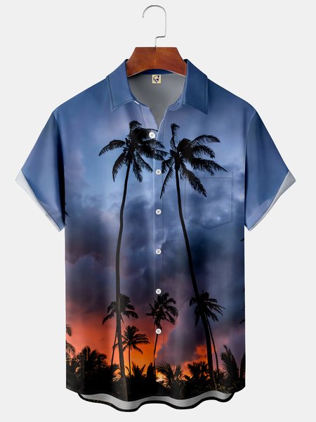 

Coconut Tree Chest Pocket Short Sleeve Hawaiian Shirt, Black, Men Shirts