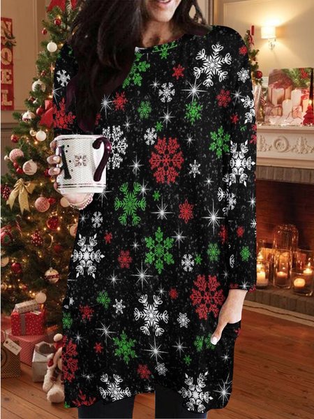 

Women Casual Christmas Snowflake Crew Neck Dresses, Black, Dresses