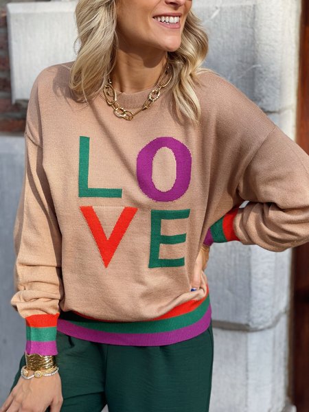 

Love Lettered Crew Neck Loose Pullover Sweater, Khaki, Sweaters & Cardigans