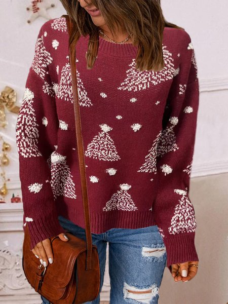 

Women's Ugly Sweater Pullover Sweater Jumper Ribbed Knit Knitted Christmas Tree Crew Neck Stylish Casual Outdoor Christmas, Wine red, Sweaters