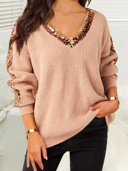 

V Neck Glitter Casual Sweater, Pink, Sweaters