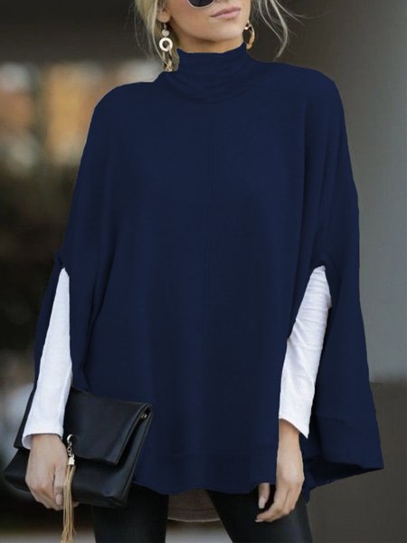 

Turtleneck Simple Plain Loosen Sweater, Deep blue, Pullovers
