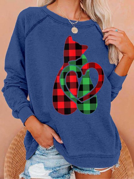 

Women Merry Christmas Cats Love Plaid Crew Neck Loose Sweatshirts, Deep blue, Hoodies&Sweatshirts