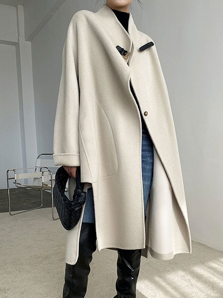 

Daily Long sleeve Shawl Collar Simple Plain Overcoat, Apricot, Coats