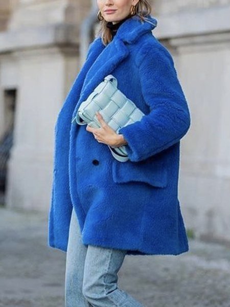 

Simple Loose Plain Long Sleeve Teddy Jacket, Blue, Others