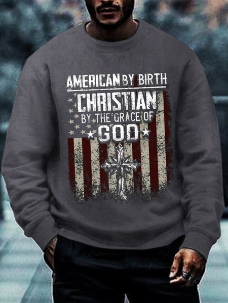 

Men American By Birth Christian By Grace Of God Text Letters Loose Crew Neck Sweatshirt, Gray, Hoodies&Sweatshirts