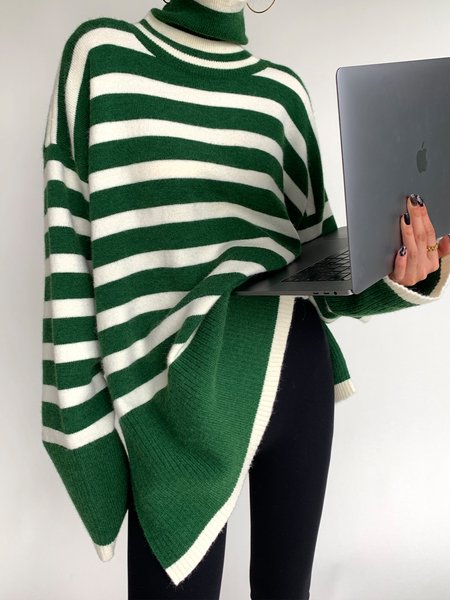 

Turtleneck Loose Long Sleeve Striped Sweater, Green, Pullovers