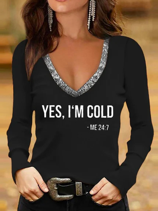 

Casual Text Letter V Neck T-Shirt, Black, Tops