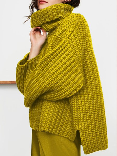 

Loose Simple Casual Turtleneck Plain Sweater, Yellow, Pullovers