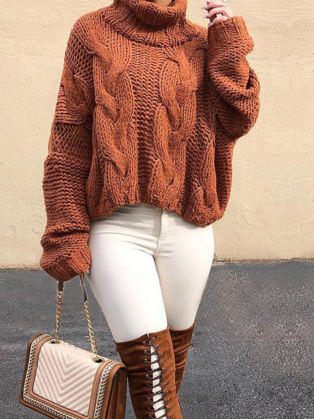 

Loose Turtleneck Plain Turtleneck Loose Long sleeve Sweater, Brown, Pullovers