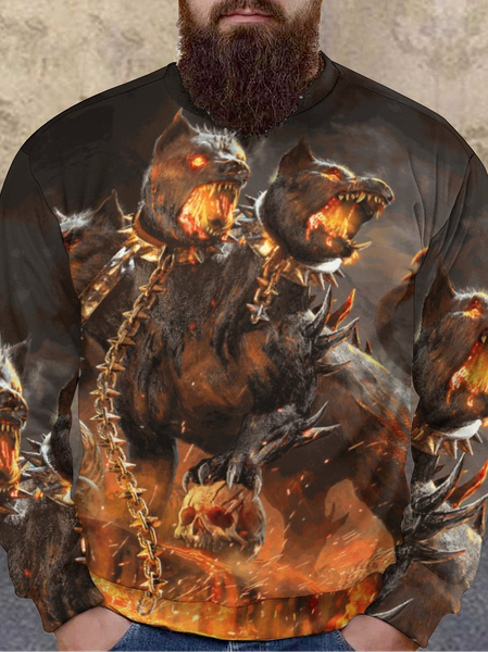 

Men Skull Fire Animals Pattern Loose Sweatshirt, As picture, Hoodies&Sweatshirts