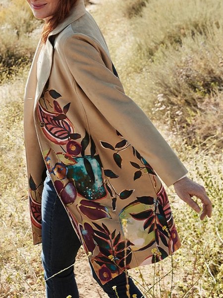 

Boho Lapel Collar Loose Floral Overcoat, Khaki, Coats