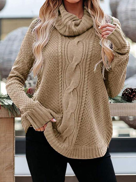 

Casual Turtleneck Solid Color Twist Knit Sweater, Khaki, Sweaters