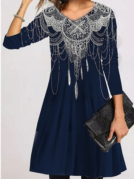 

V Neck Vintage Ethnic Dresses, Dark blue, Dresses