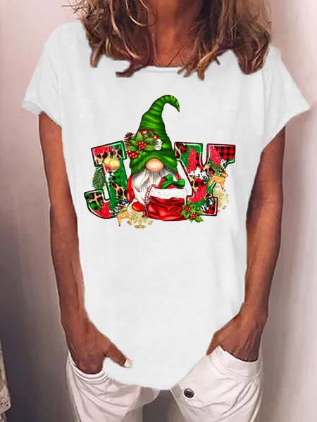 

Women's Christmas Gnome Joy Cotton-Blend Casual Loose T-Shirt, White, T-shirts
