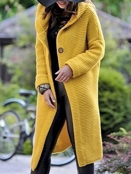 

Long sleeve Hoodie Loose Sweater Mid-long Coat, Yellow, Cardigans