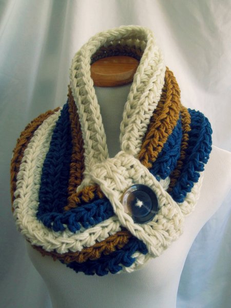 

Striped Contrast Pattern Chunky Big Button Crochet Scarf, Blue, Women Scarves & Shawls