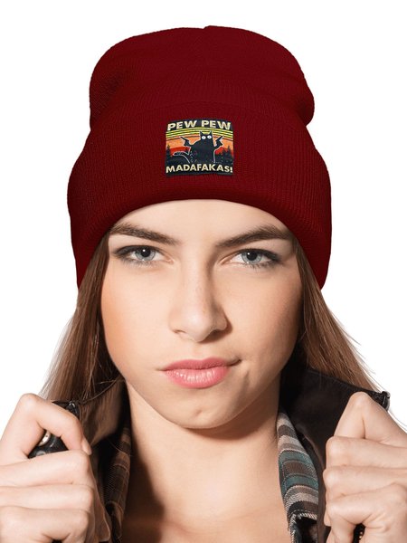 Funny Cat Print Animal Graphic Beanie Hat, Wine red, Hats