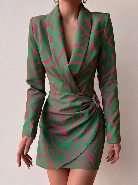 

Elegant Shawl Collar Abstract Printed Dress, Green, Mini Dresses