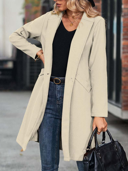 

Plain Shawl Collar Casual Overcoat, Khaki, Trench Coats