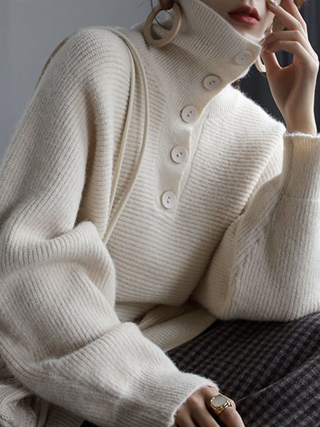 

Daily Long sleeve Simple Turtleneck Sweater, Off white, Pullovers