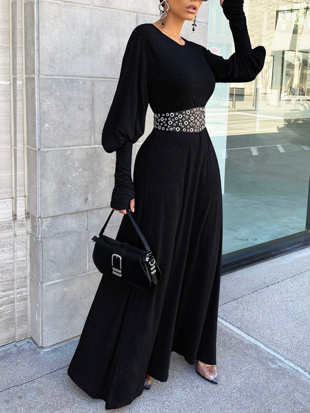 

High Elasticity Regular Fit Plain Crew Neck Long sleeve Long Dresses, Black, Maxi Dresses
