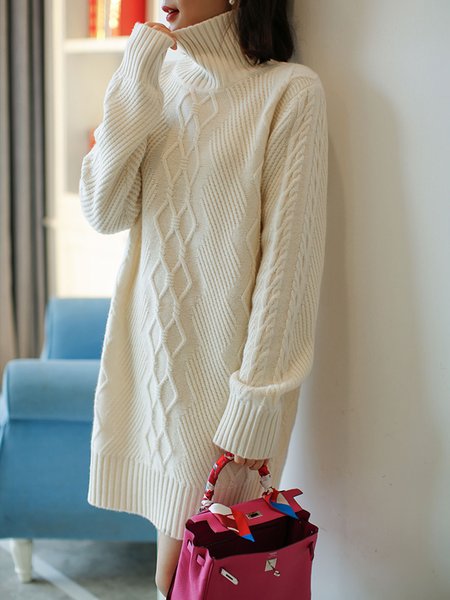 

Urban Loose Plain Turtleneck Sweater Dress, White, Mini Dresses