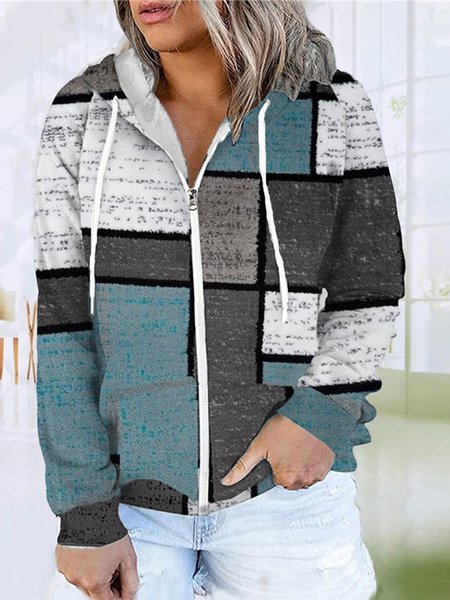 

Women's Hoodie Sweatshirt Color Block Geometry Zipper Print Long Sleeve Hooded Streetwear, Blue, Coats