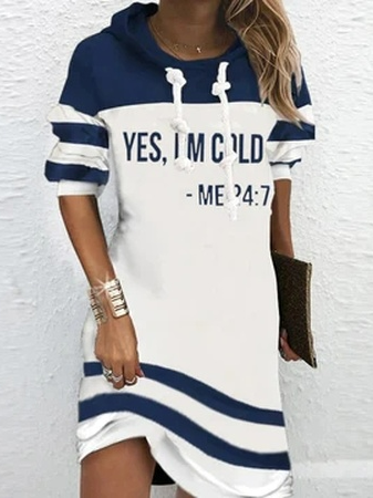 

Loose Hoodie Text Letter Dress, Blue, Mini Dresses