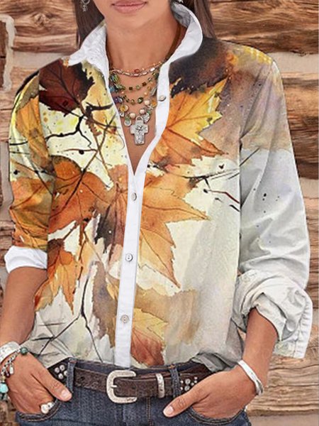 

Shirt Collar Leaf Casual Blouse, Multicolor, Shirts & Blouses